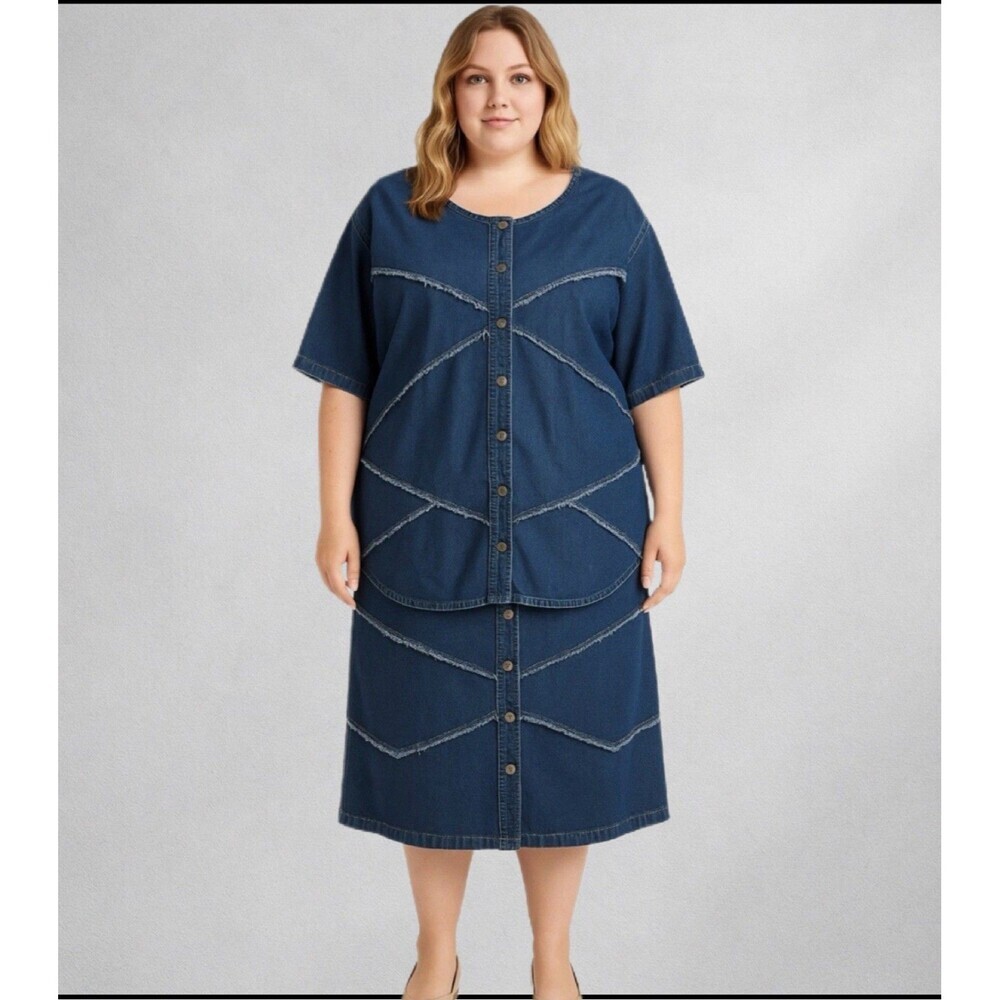 Erica Brooke Women’s 2-Piece Denim Set Plus Size 16 & 20 Frayed Skirt Top Vtg